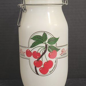 Vintage 1980s Glass Ermetico Signed Flour Canister Cherries 2 Liter Size